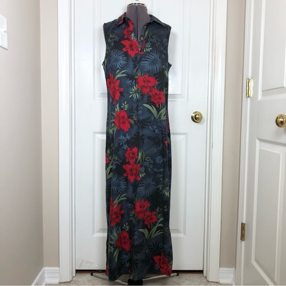 Caribbean Joe Rayon Collar Sleeveless 1/4 Buttoned Hawaiian Floral Maxi Dress M - Picture 4 of 16